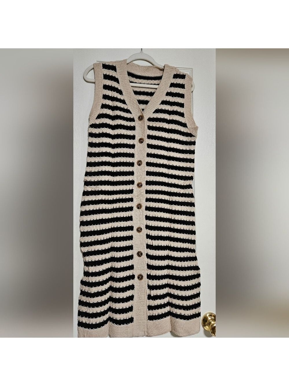 Women's Tan V Neck Striped Sweater Dress Medium